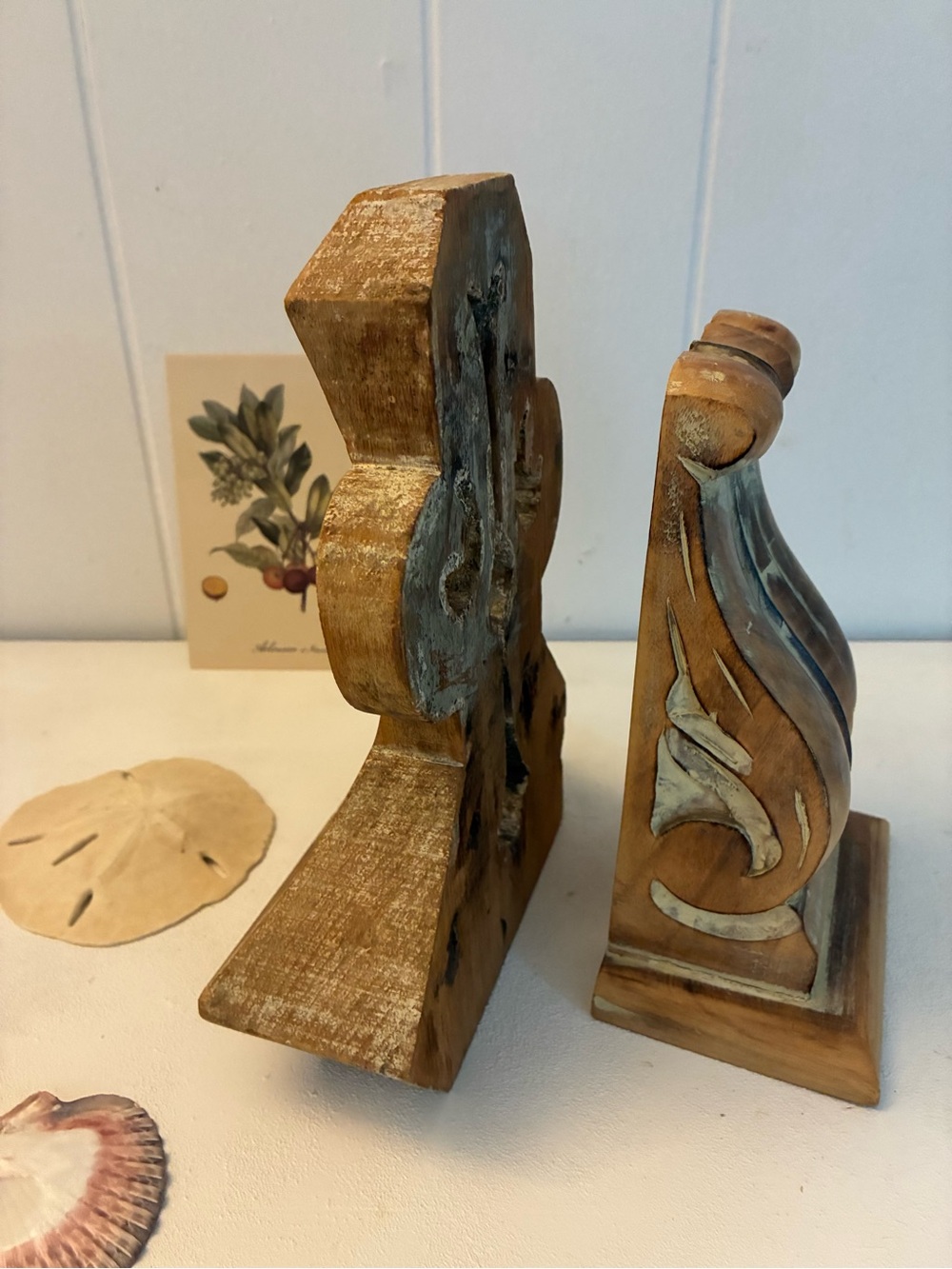 Handcarved Wooden Corbel Pair - Natural Brown with Cream Accents